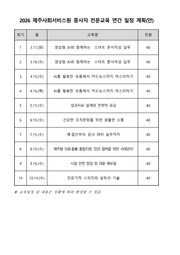 2026 제주사회서비스원 종사자 전문교육 연간 일정 계획_1